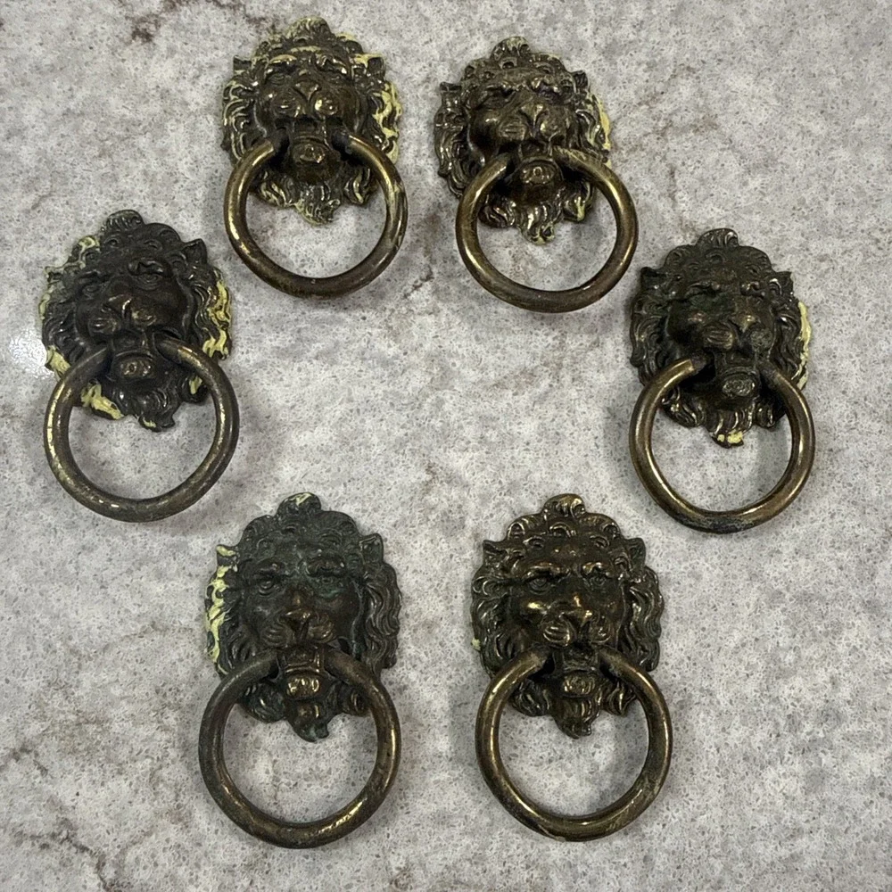6 Vintage Brass Lion Head Dresser Chest Drawer Knob Cabinet Pull Patina 3D READ